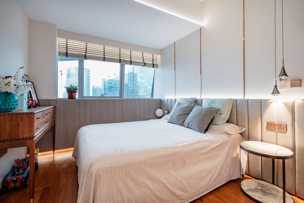 Modern Bedroom with Bedside Table and Blinds