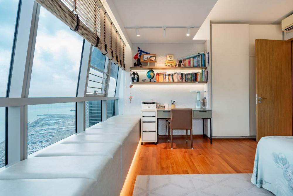 Modern Bedroom with Wood Flooring and Roller Blinds