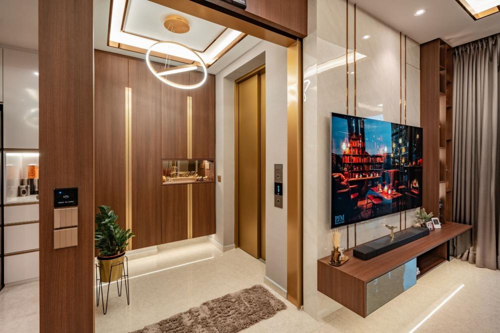 Contemporary Living Room with TV Console and Wood TV Console