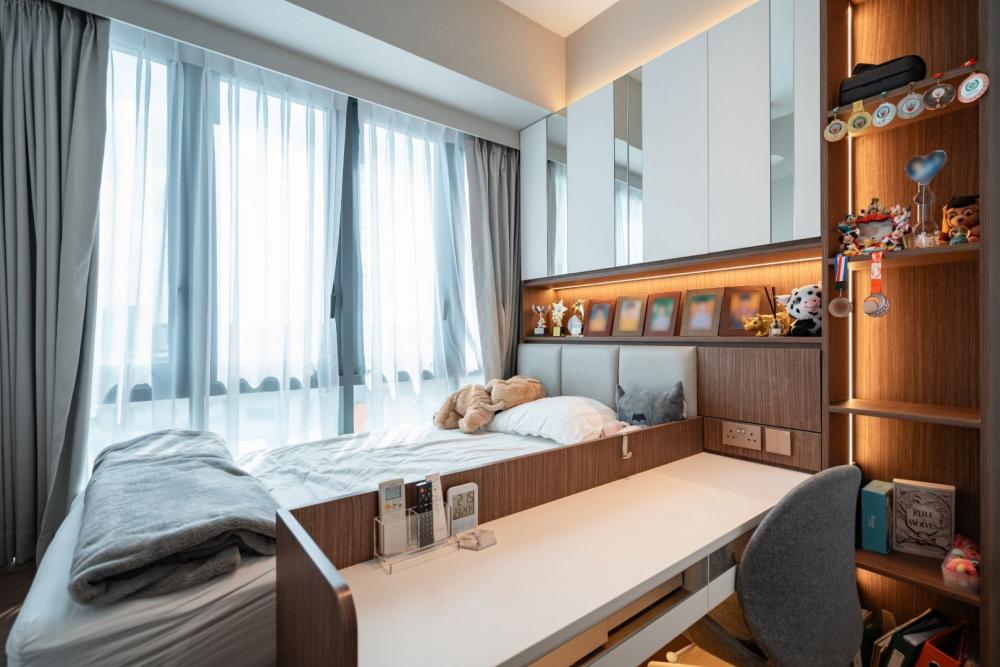 Contemporary Bedroom with Bookshelf and Bedside Table