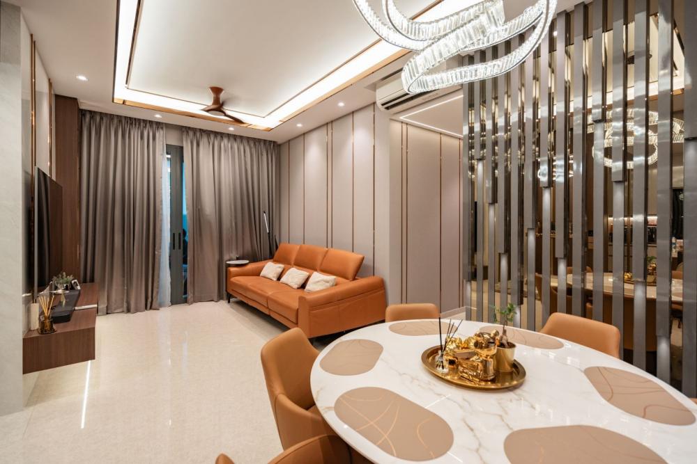 Contemporary Living Room with Feature Wall and Ceiling Light