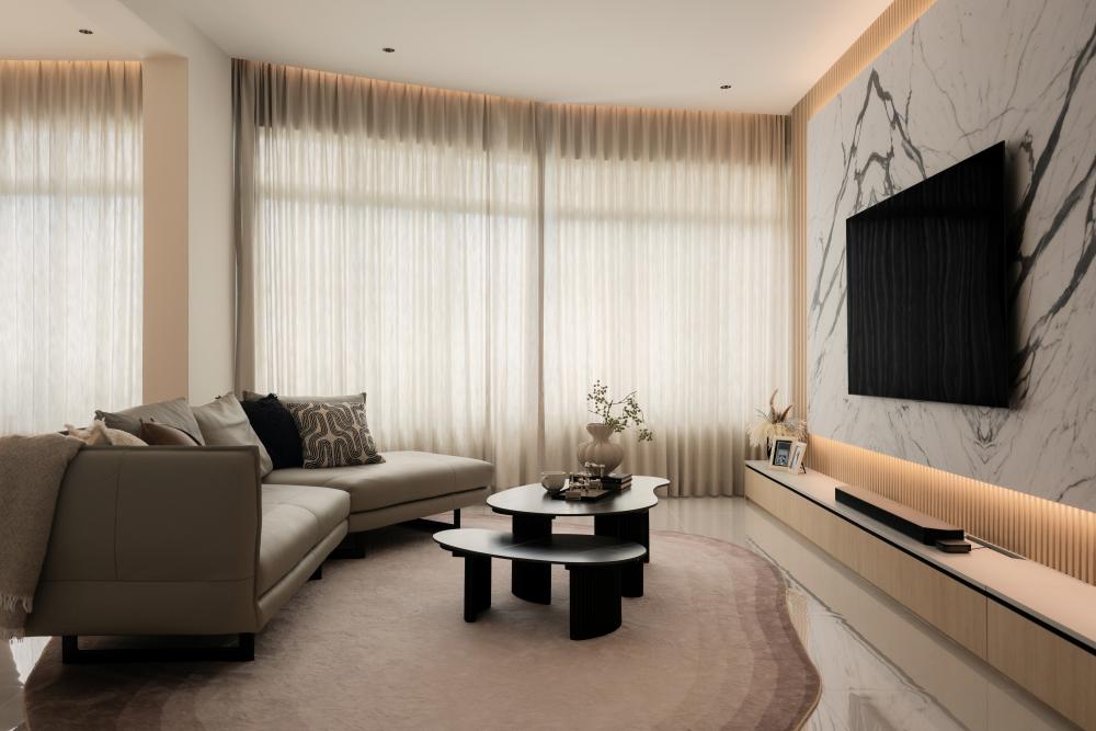 Modern Living Room with Marble Floor and TV Console