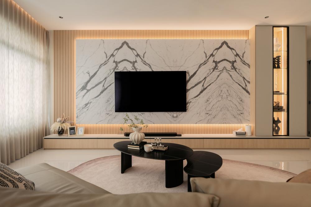 Modern Living Room with Marble Floor and TV Console