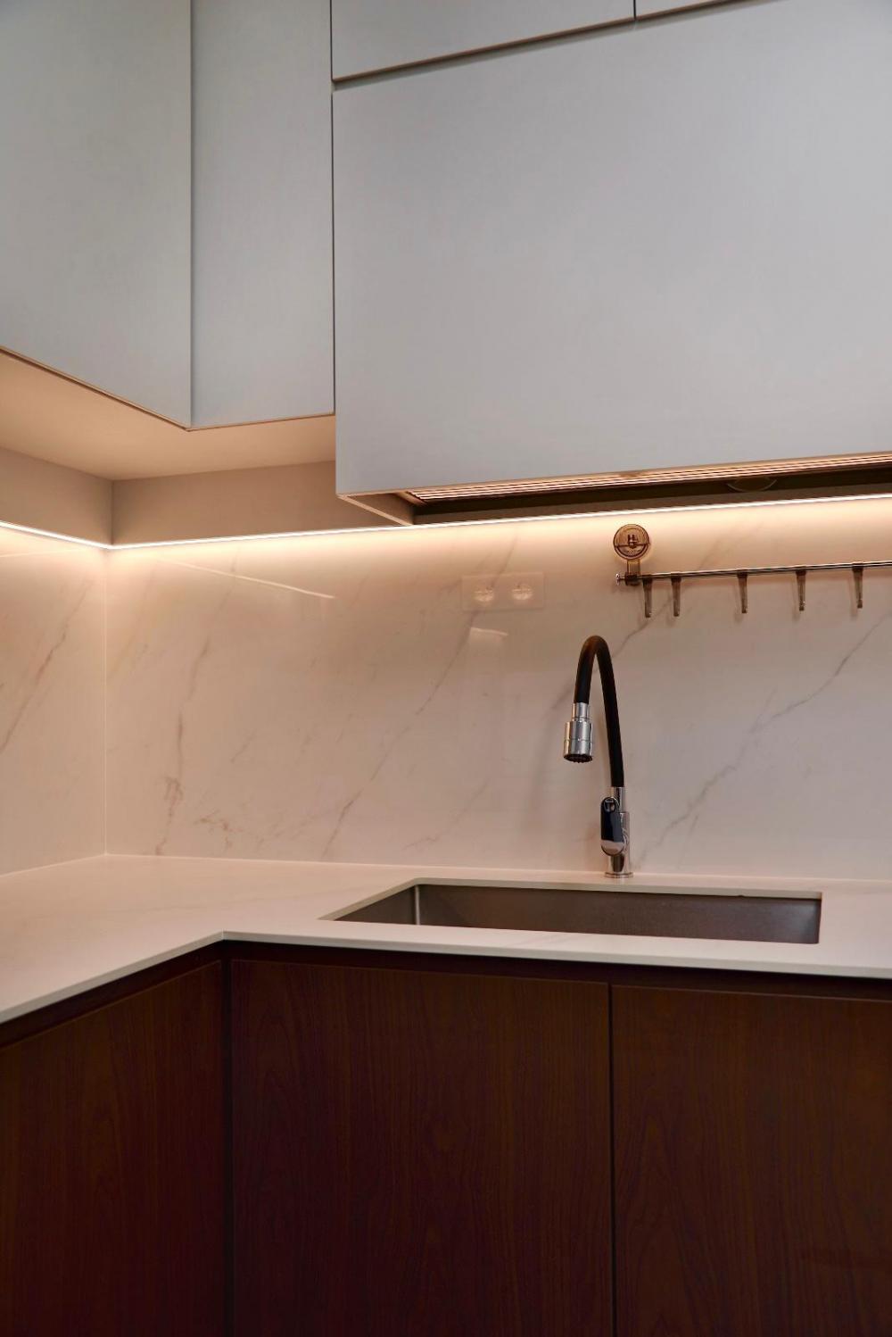 Scandinavian Kitchen with Countertop and Kitchen Backsplash