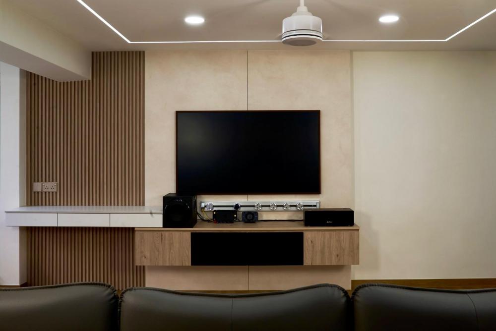Scandinavian Living Room with Vinyl Flooring and TV Console