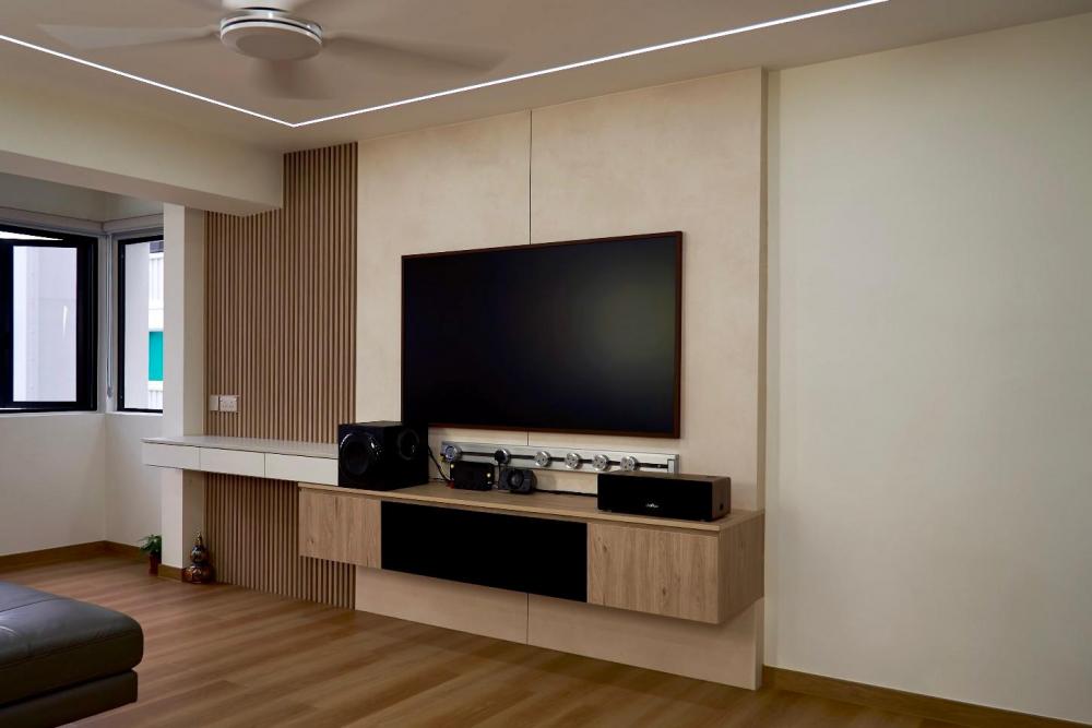 Scandinavian Living Room with Vinyl Flooring and TV Console