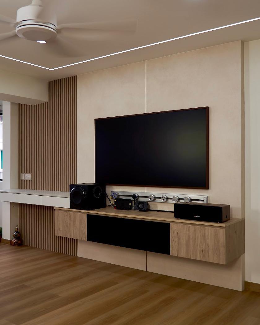 Scandinavian Living Room with Vinyl Flooring and TV Console