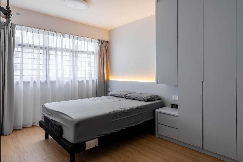 Scandinavian Bedroom with Wardrobe and Curtain
