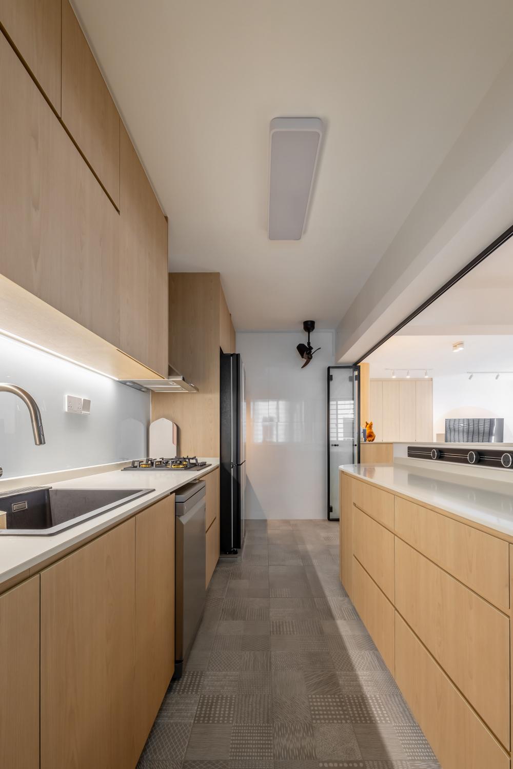 Scandinavian Kitchen with Countertop and Homogeneous Tiles