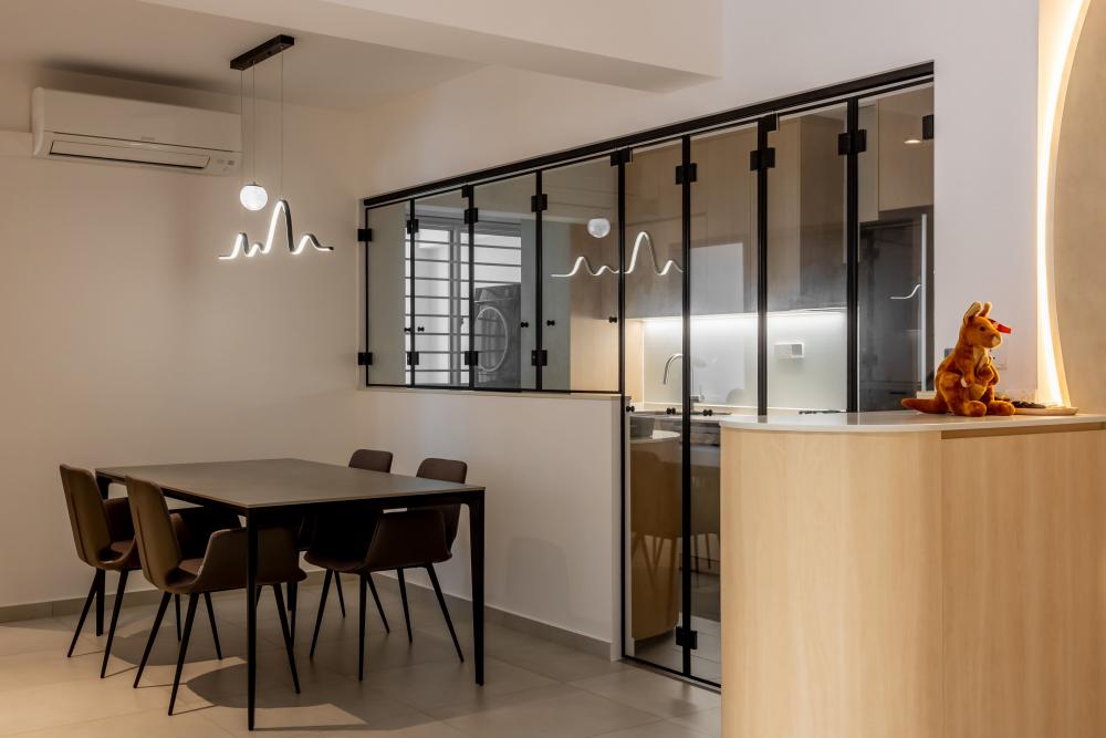 Scandinavian Dining Room with Drop Light and Glass Door
