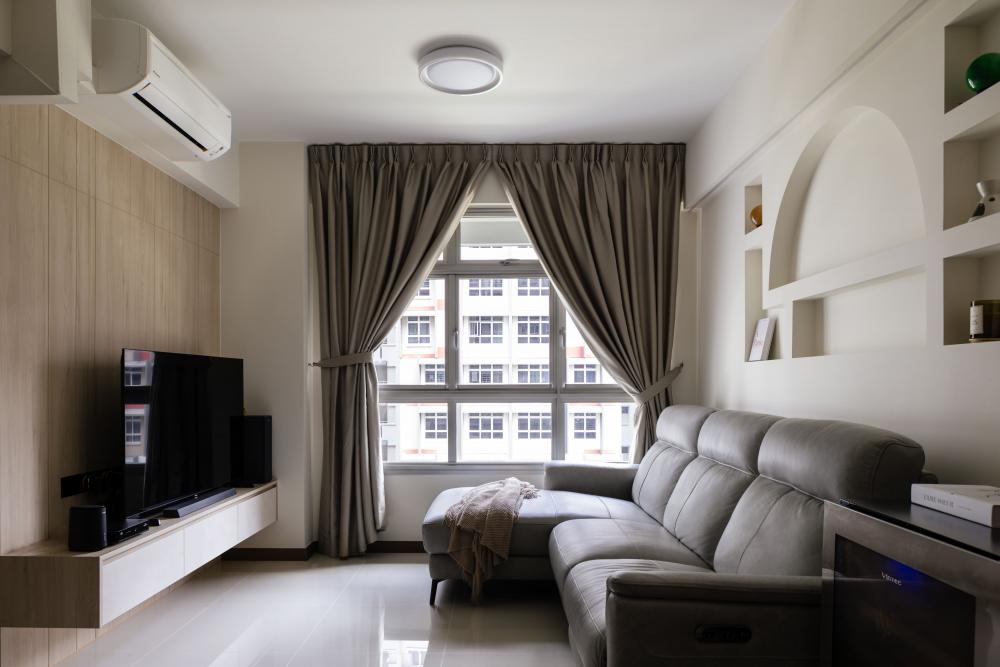 Contemporary Living Room with Homogeneous Tiles and TV Console