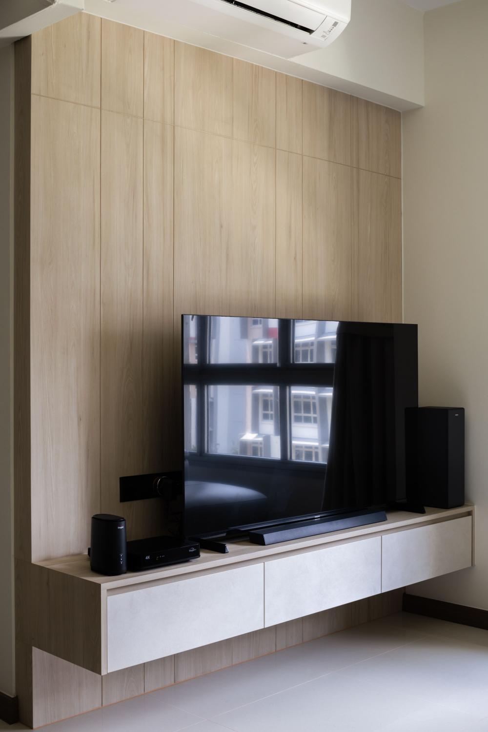 Contemporary Living Room with TV Console and Feature Wall