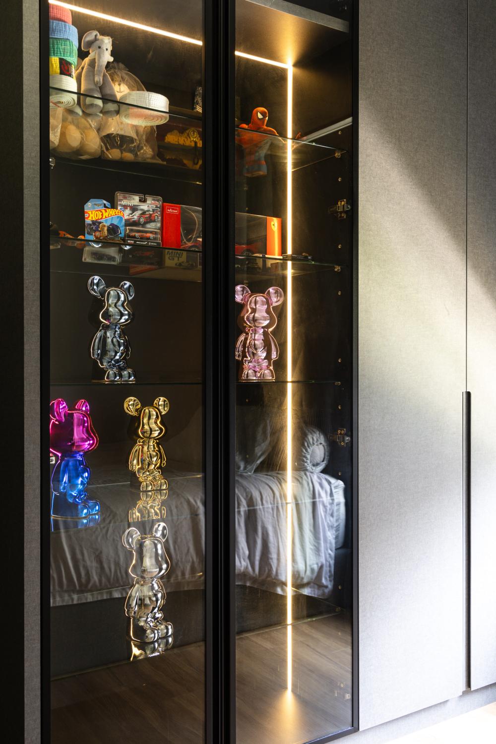Contemporary Bedroom with Glass Door and Display Cabinets