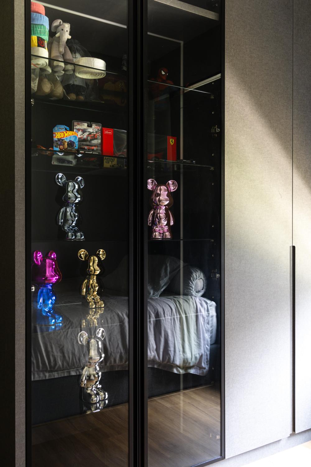 Contemporary Bedroom with Glass Door and Display Cabinets
