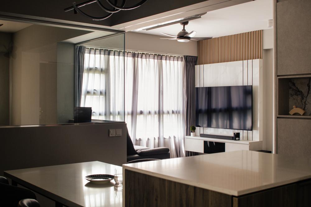 Modern Hallway with Kitchen Island and Glass Door
