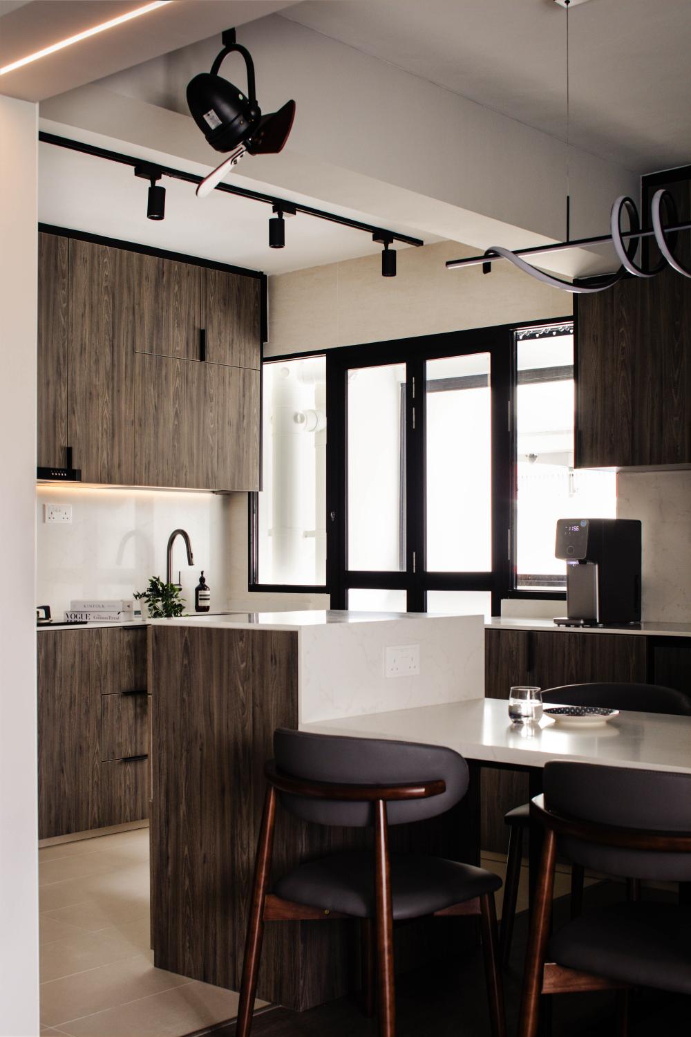Modern Dining Room with Kitchen Island and Lighting