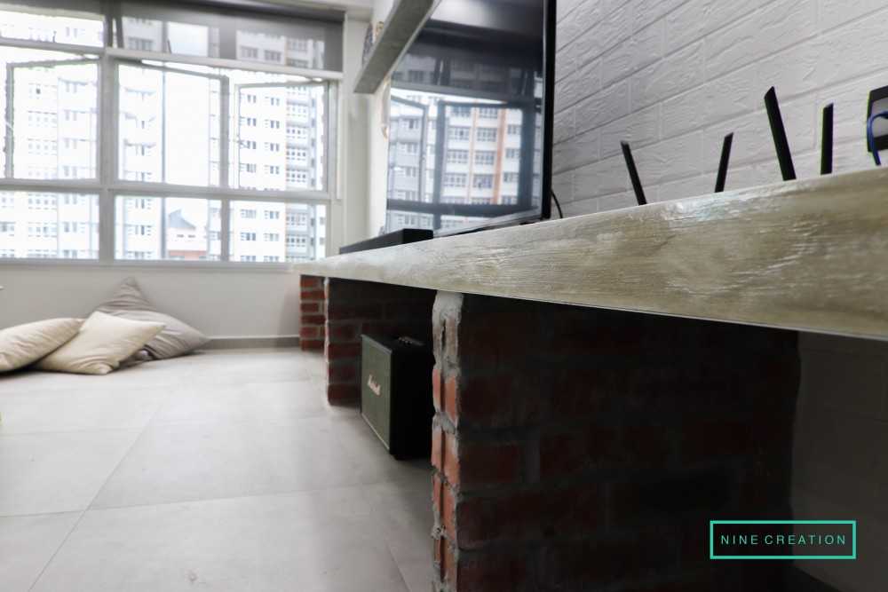 Industrial Living Room with Cement Floor and TV Console