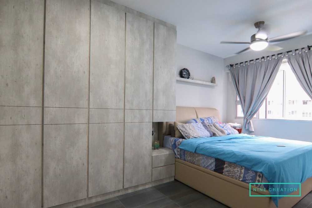 Industrial Bedroom with Homogeneous Tiles and Ceiling Light