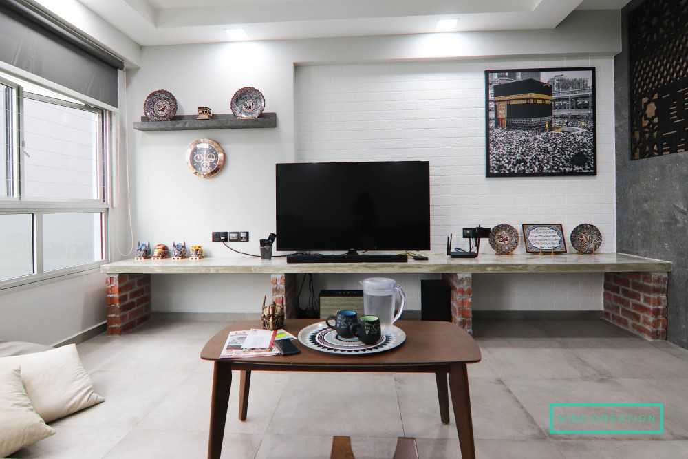 Industrial Living Room with Cement Floor and TV Console