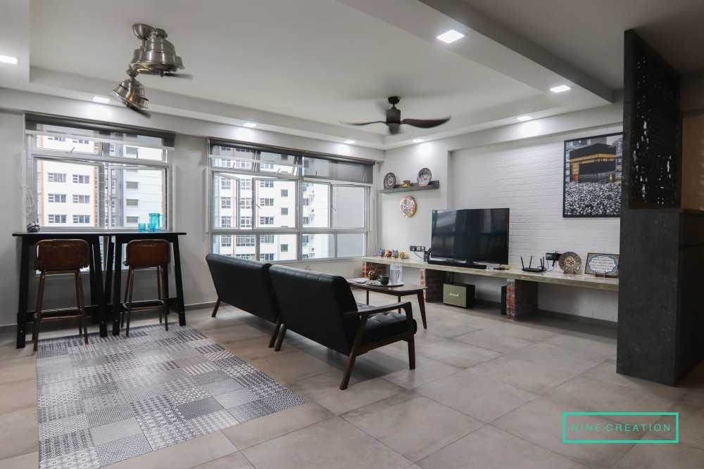 Industrial Living Room with Homogeneous Tiles and Cement Floor