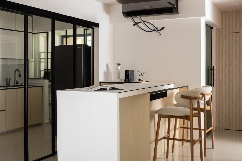 Scandinavian Dining Room with Drop Light and Kitchen Island