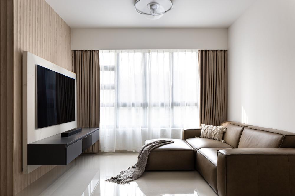 Scandinavian Living Room with Homogeneous Tiles and TV Console