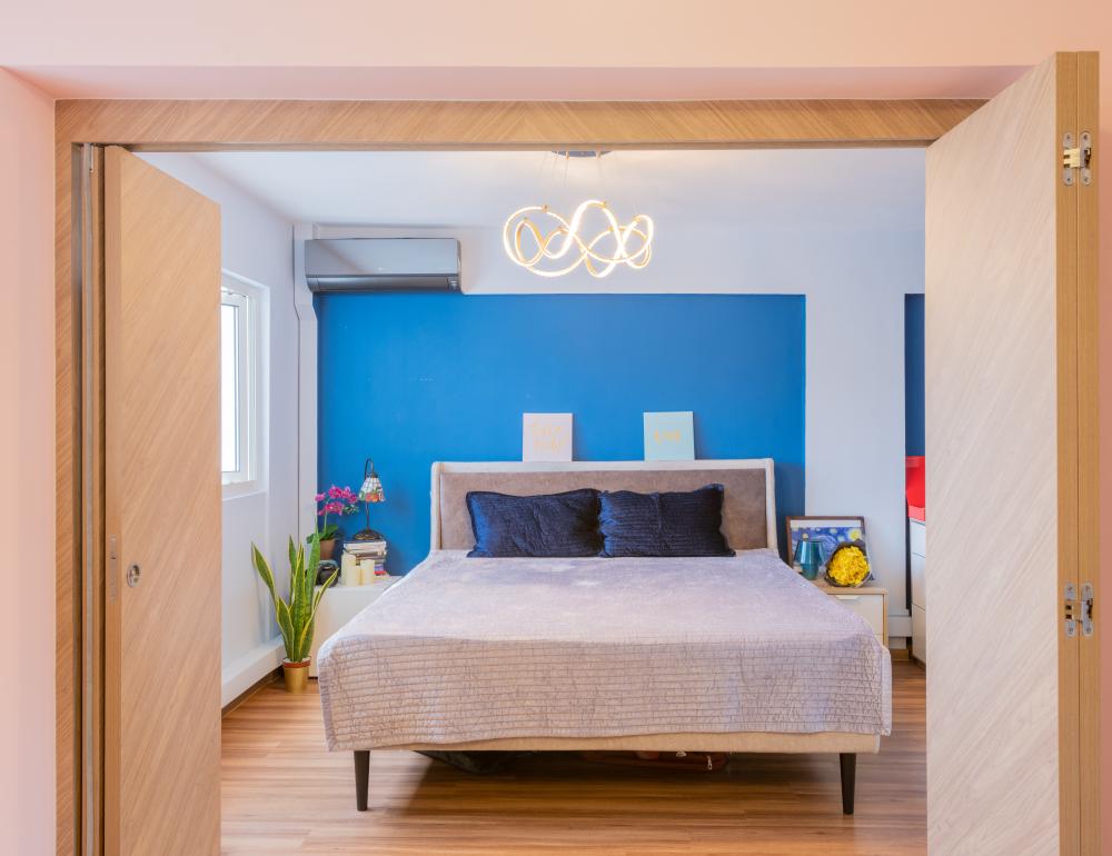 Contemporary Bedroom with Vinyl Flooring and Ceiling Light