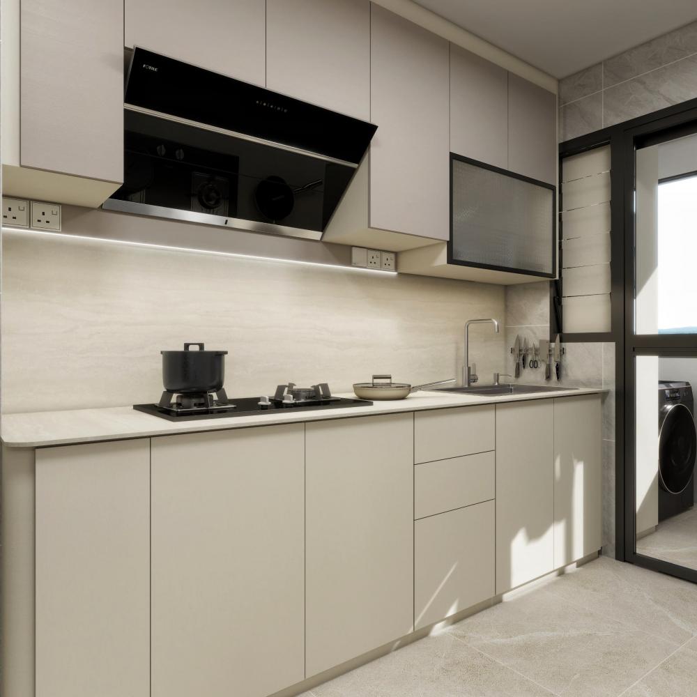 Modern Kitchen with Countertop and Homogeneous Tiles