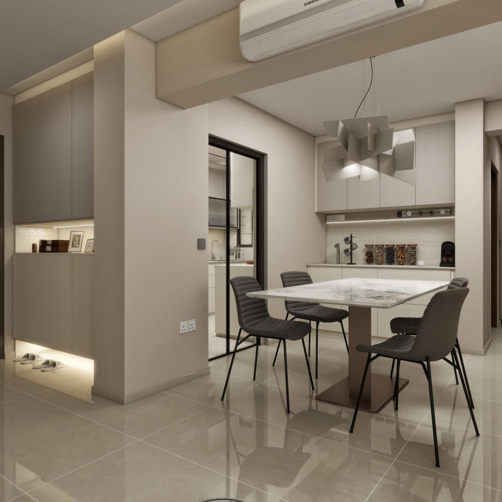 Modern Dining Room with Cove Lighting and Drop Ceiling