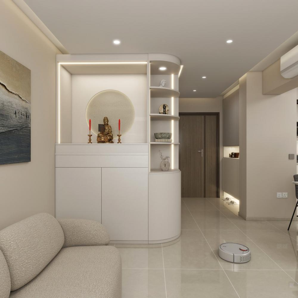 Modern Living Room with Homogeneous Tiles and TV Console