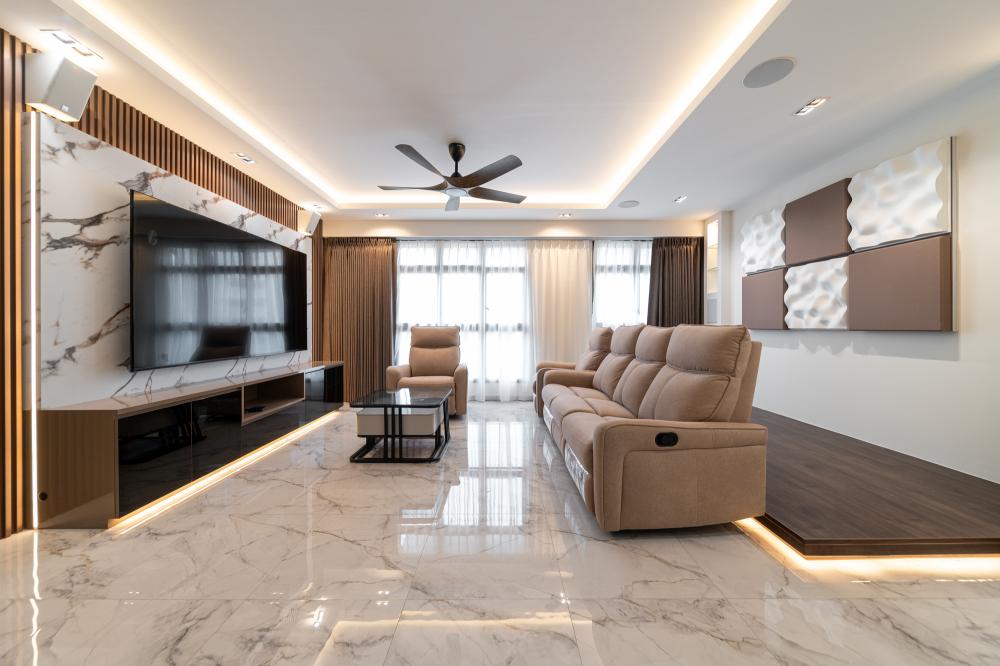 Modern Living Room with Marble Floor and Feature Wall