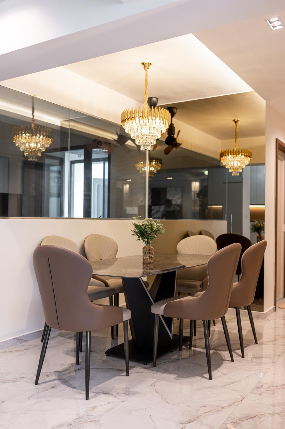 Modern Dining Room with Mirror and Cove Lighting