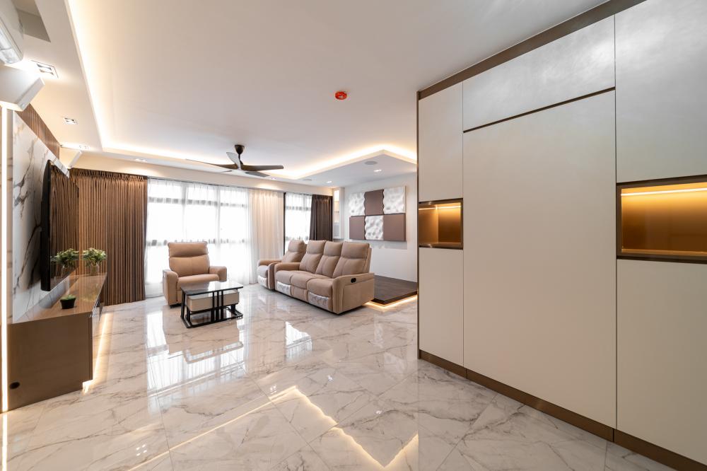 Modern Living Room with Marble Floor and TV Console