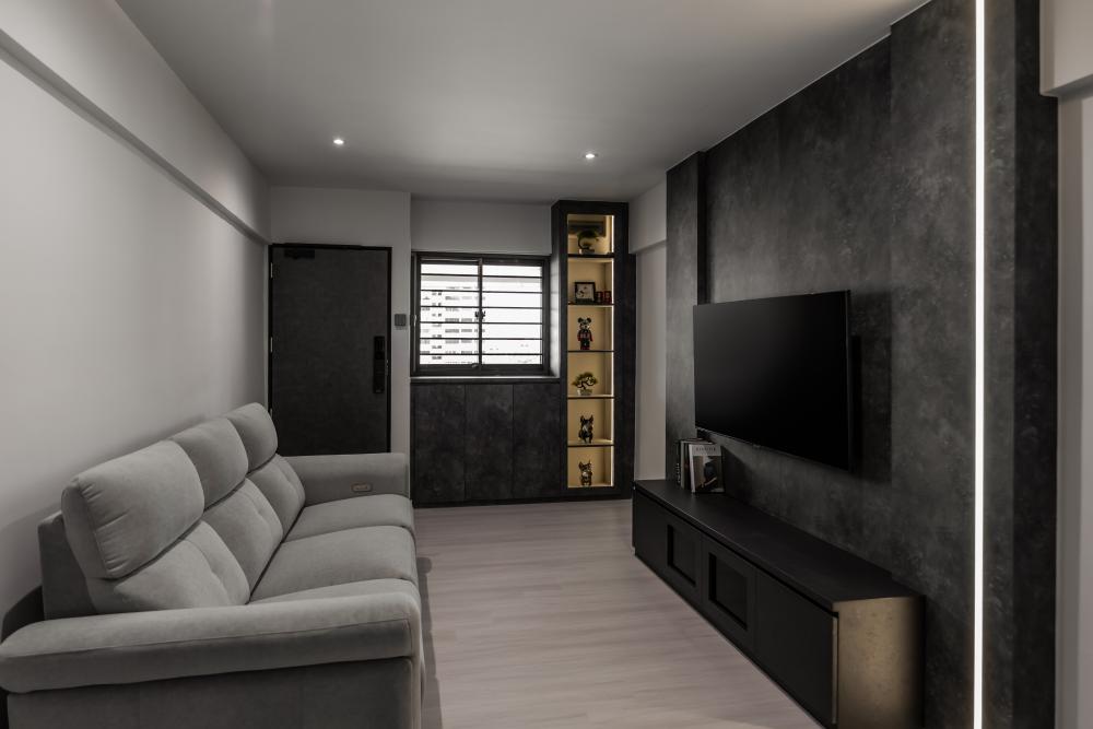 Contemporary Living Room with Bookshelf and Vinyl Flooring