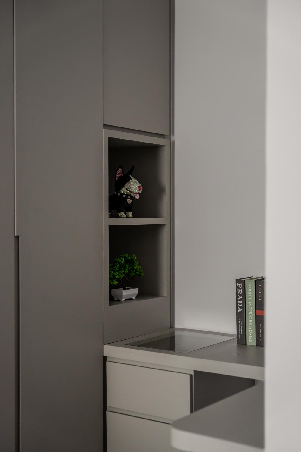 Contemporary Bedroom with Bookshelf and Vinyl Flooring