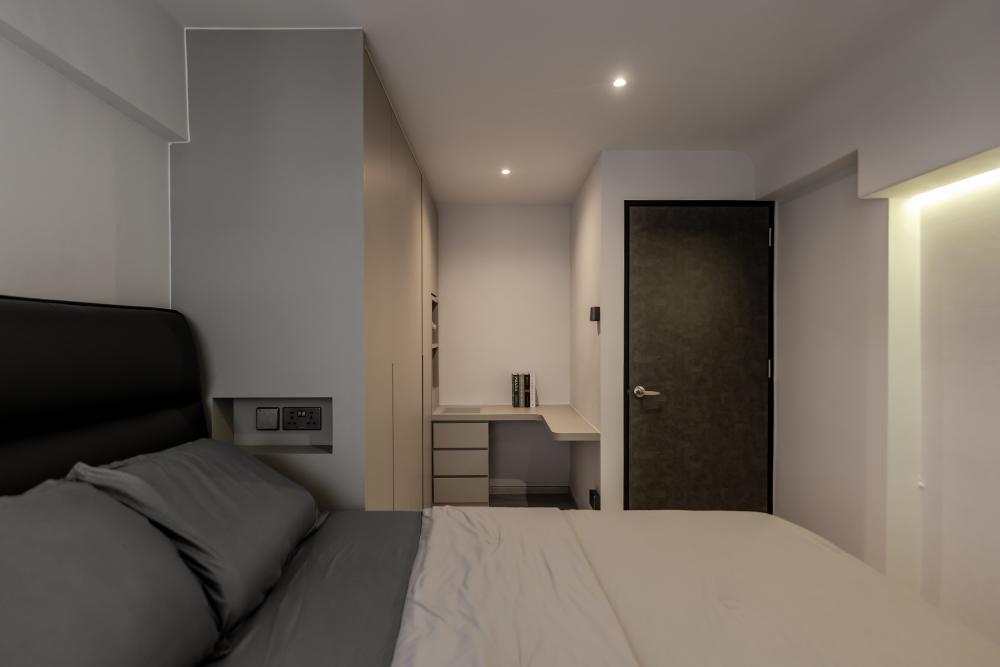 Contemporary Bedroom with Bookshelf and Vinyl Flooring