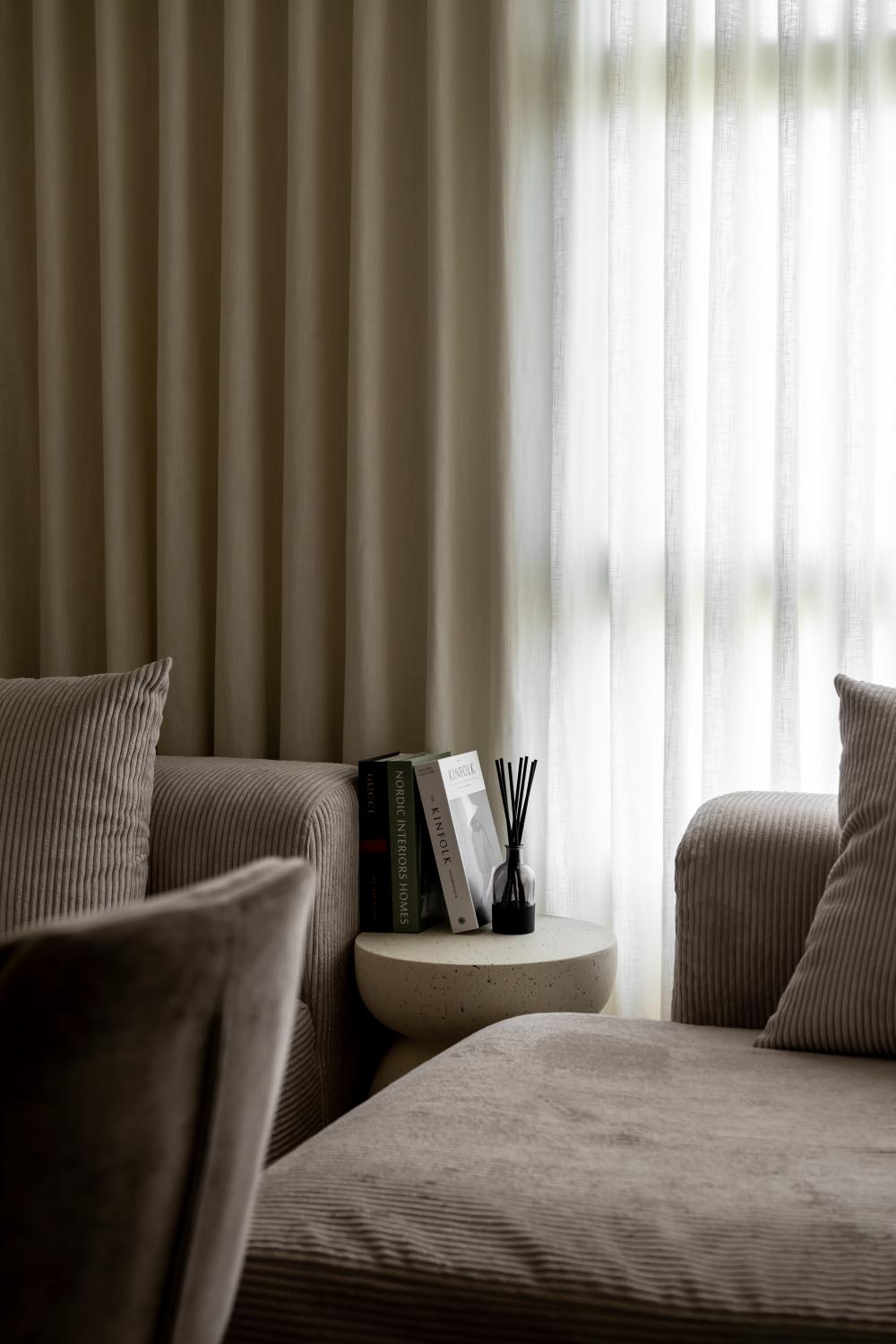 Contemporary Living Room with Vinyl Flooring and Curtain