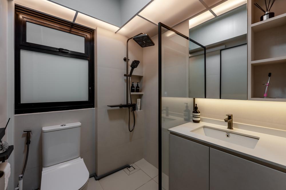 Contemporary Bathroom with Countertop and Homogeneous Tiles