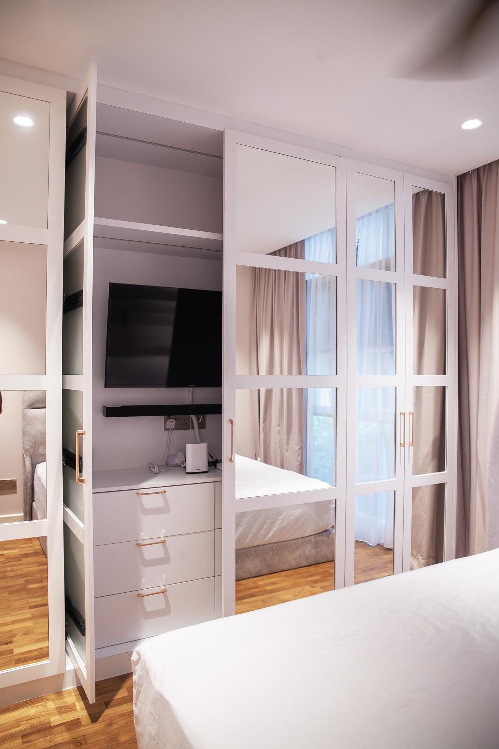 Contemporary Bedroom with Parquet Floor and Drop Ceiling