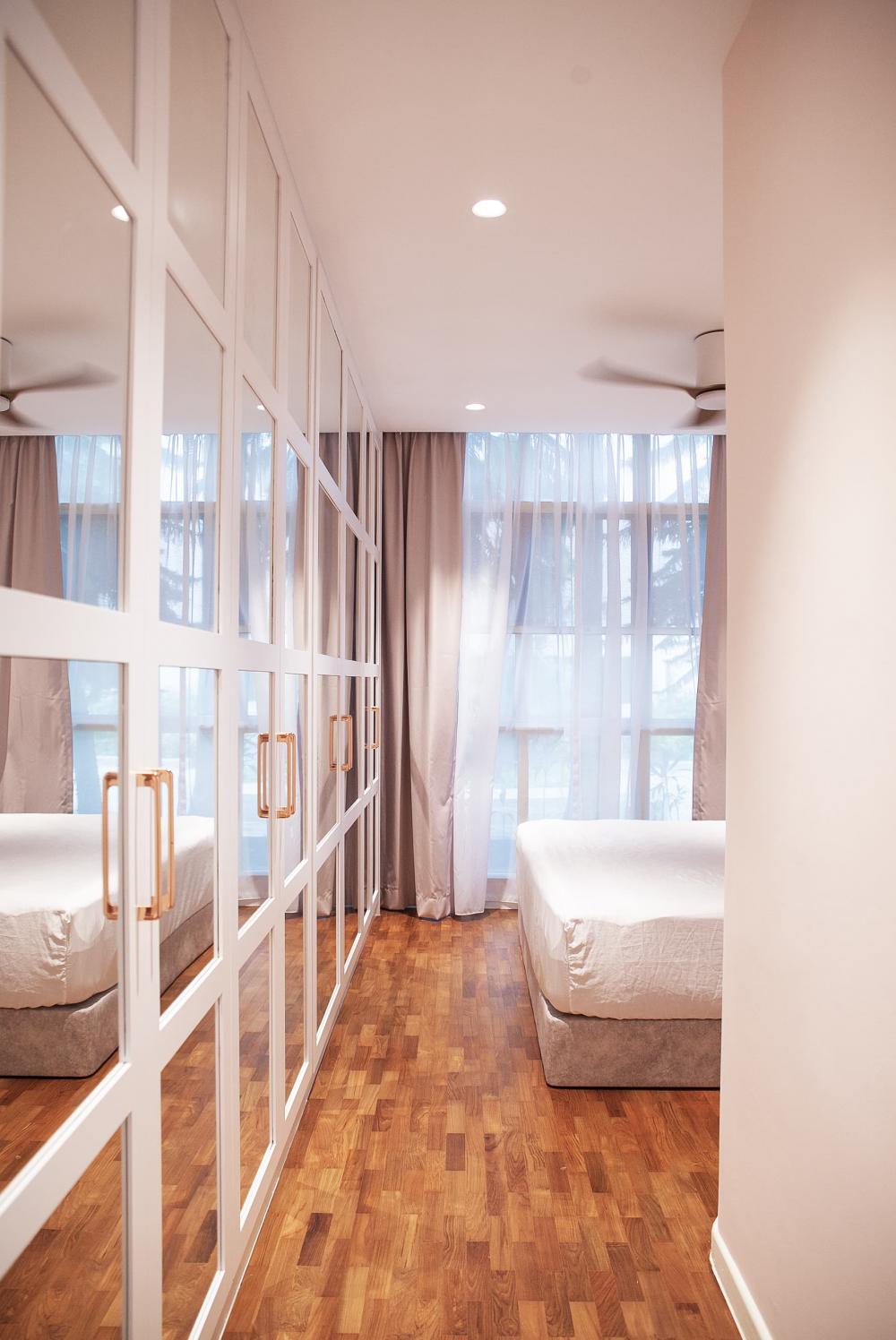 Contemporary Bedroom with Wood Flooring and Mirror