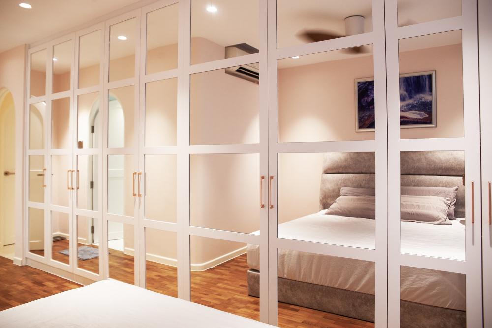 Contemporary Bedroom with Parquet Floor and Drop Ceiling