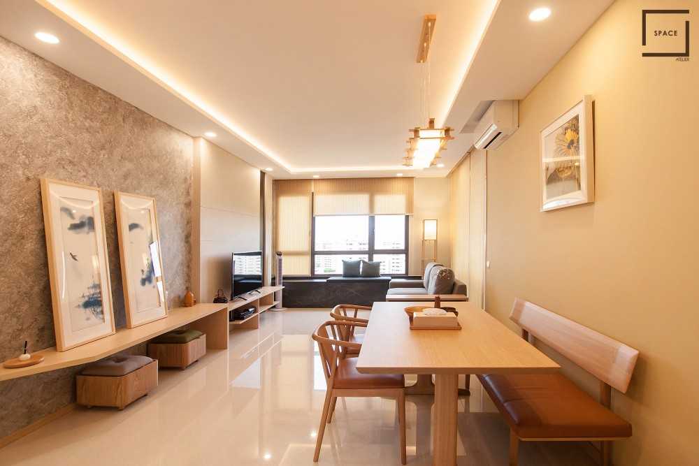 Asian Living Room with TV Console and Drop Light