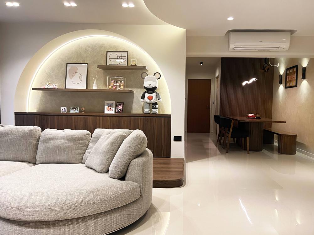 Minimalist Living Room with Feature Wall and Dining Table