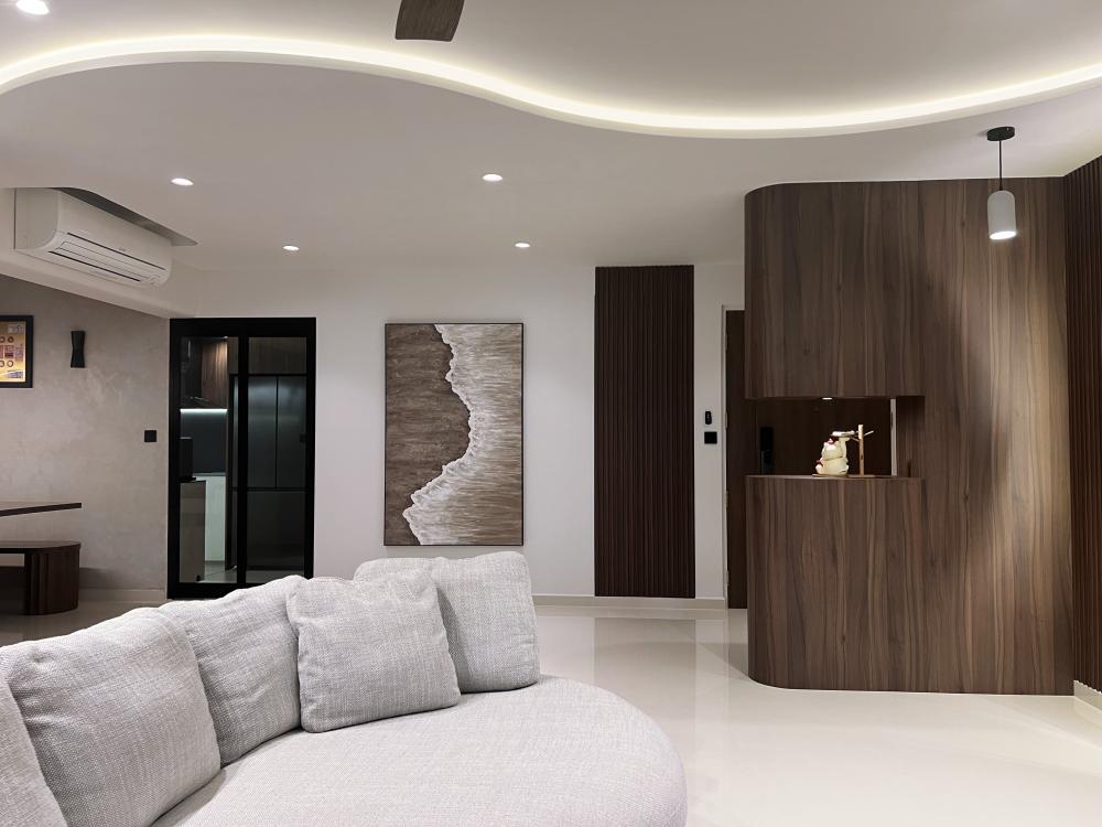 Minimalist Living Room with Feature Wall and Cove Lighting