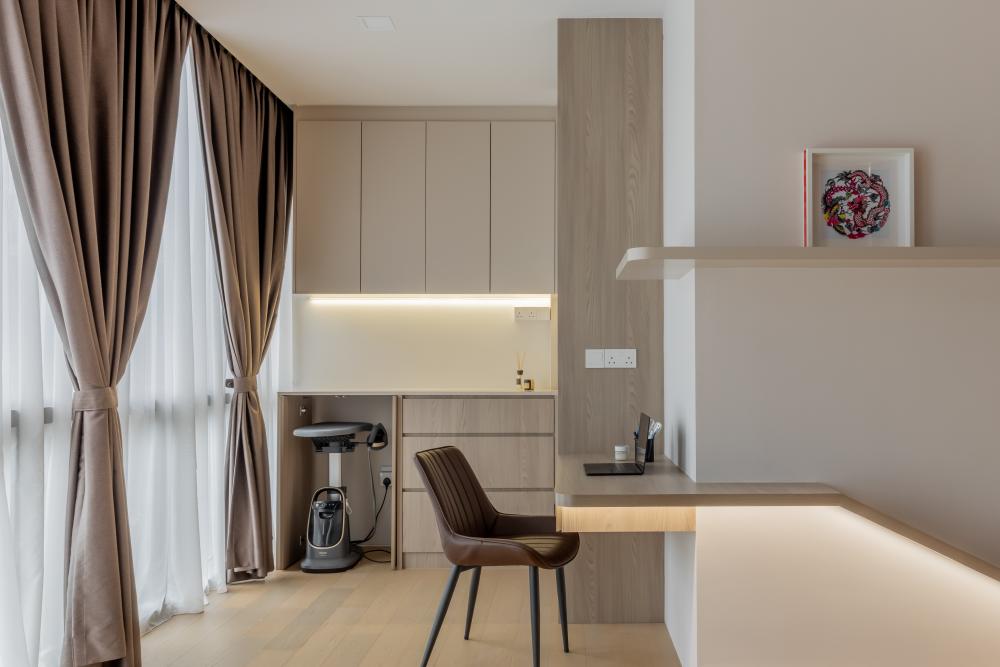 Contemporary Bedroom with Bookshelf and Vinyl Flooring