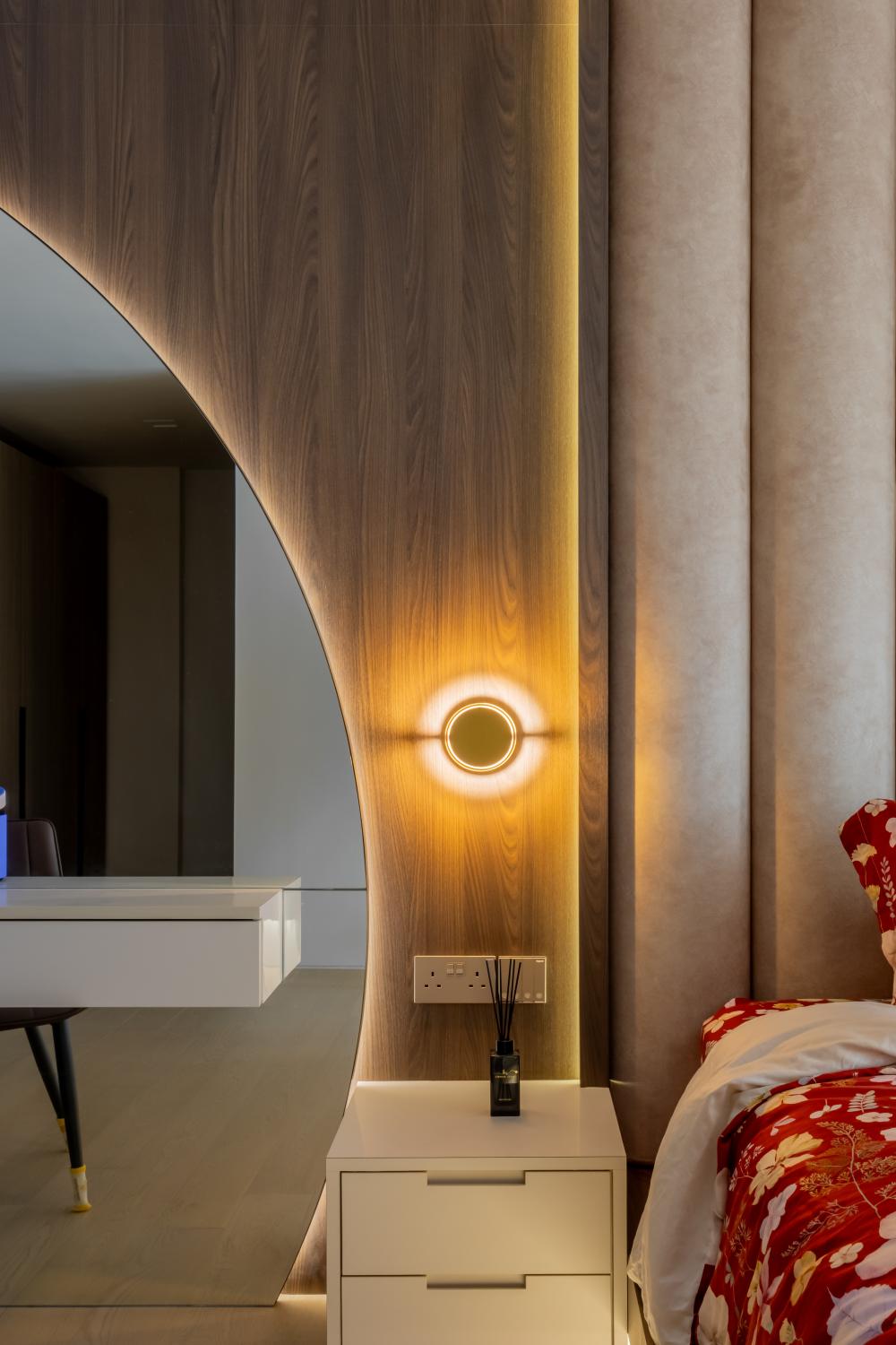 Contemporary Bedroom with Bookshelf and Lighting