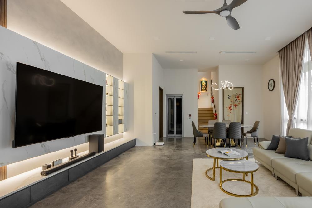 Contemporary Living Room with Homogeneous Tiles and TV Console