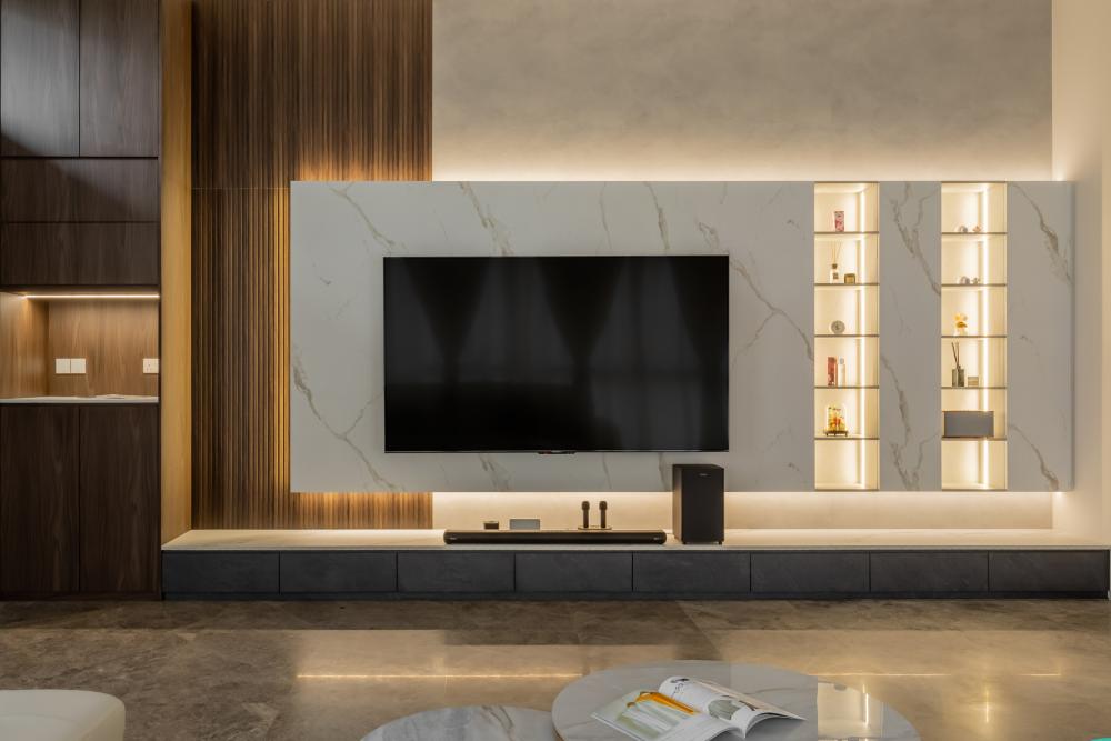 Contemporary Living Room with Bookshelf and TV Console