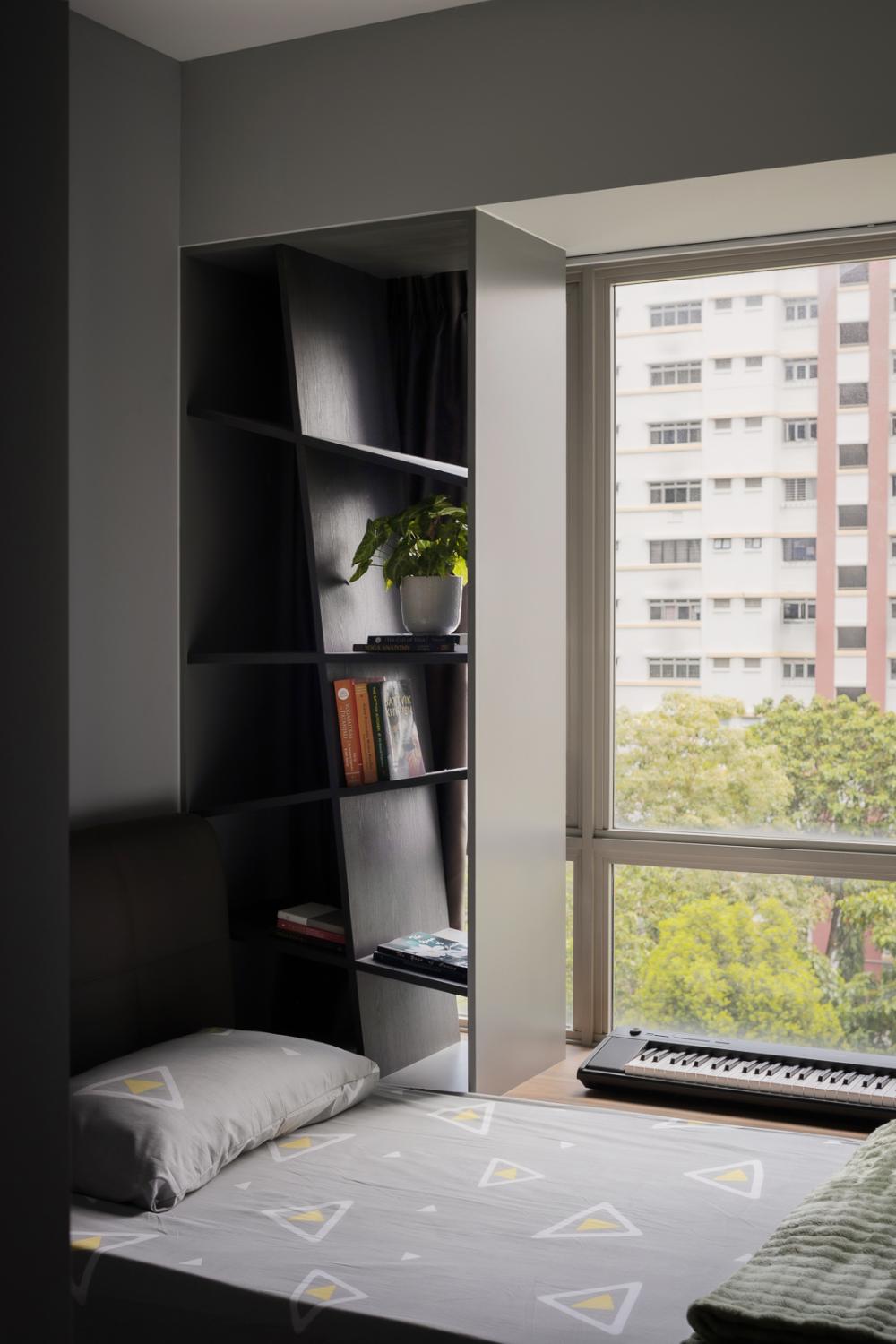 Modern Bedroom with Bookshelf and Bay Window