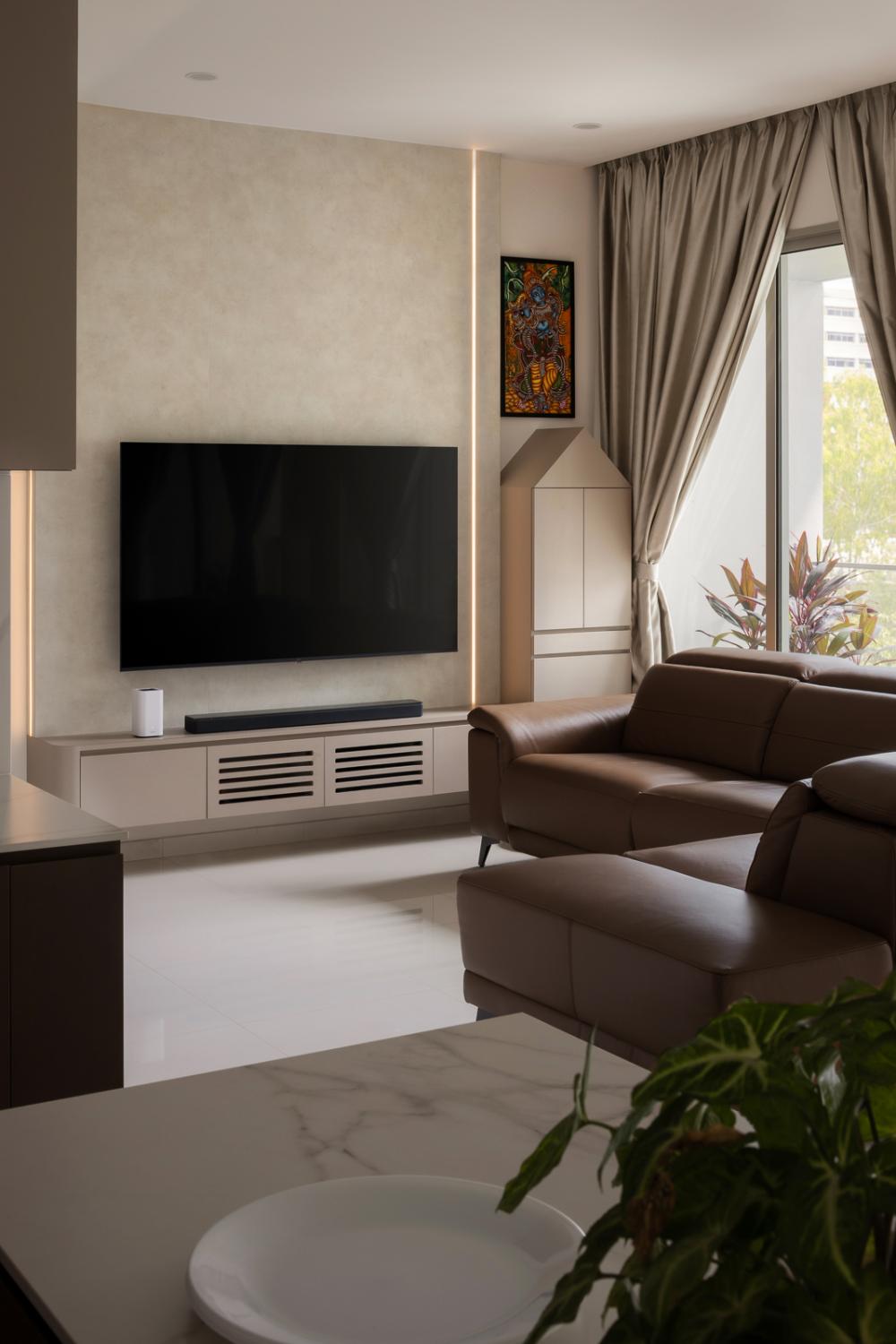 Modern Living Room with Homogeneous Tiles and Feature Wall